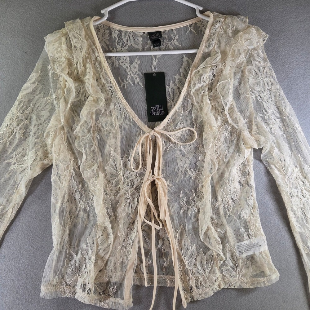 Wild Fable Ivory Sheer Floral Lace Tie Front Ruffle Cardigan Top M Poetcore NWT - Picture 2 of 7